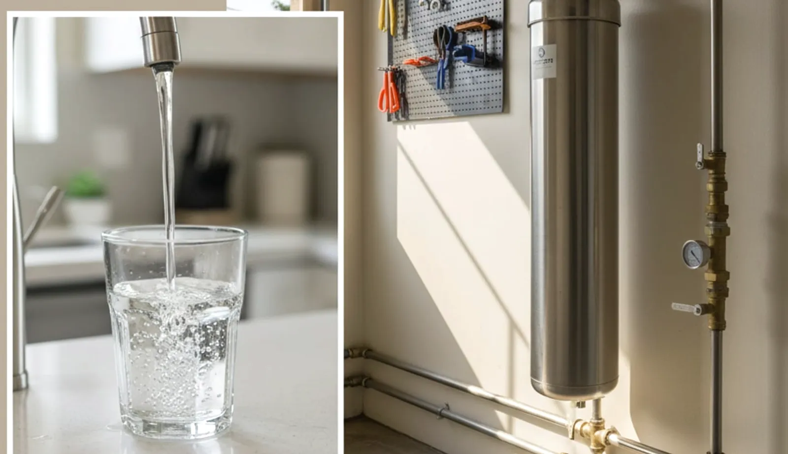 A glass of tap water sitting on a kitchen counter next to a filtration unit.