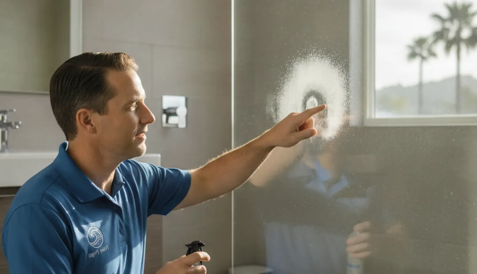 A close-up of white hard water spots and mineral film building up on a glass shower door in a San Diego bathroom.