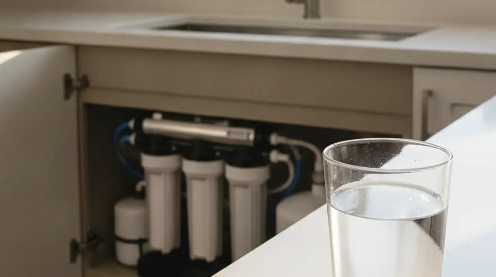 A glass of drinking water sits next to an under sink filtration unit on a kitchen counter in San Diego.