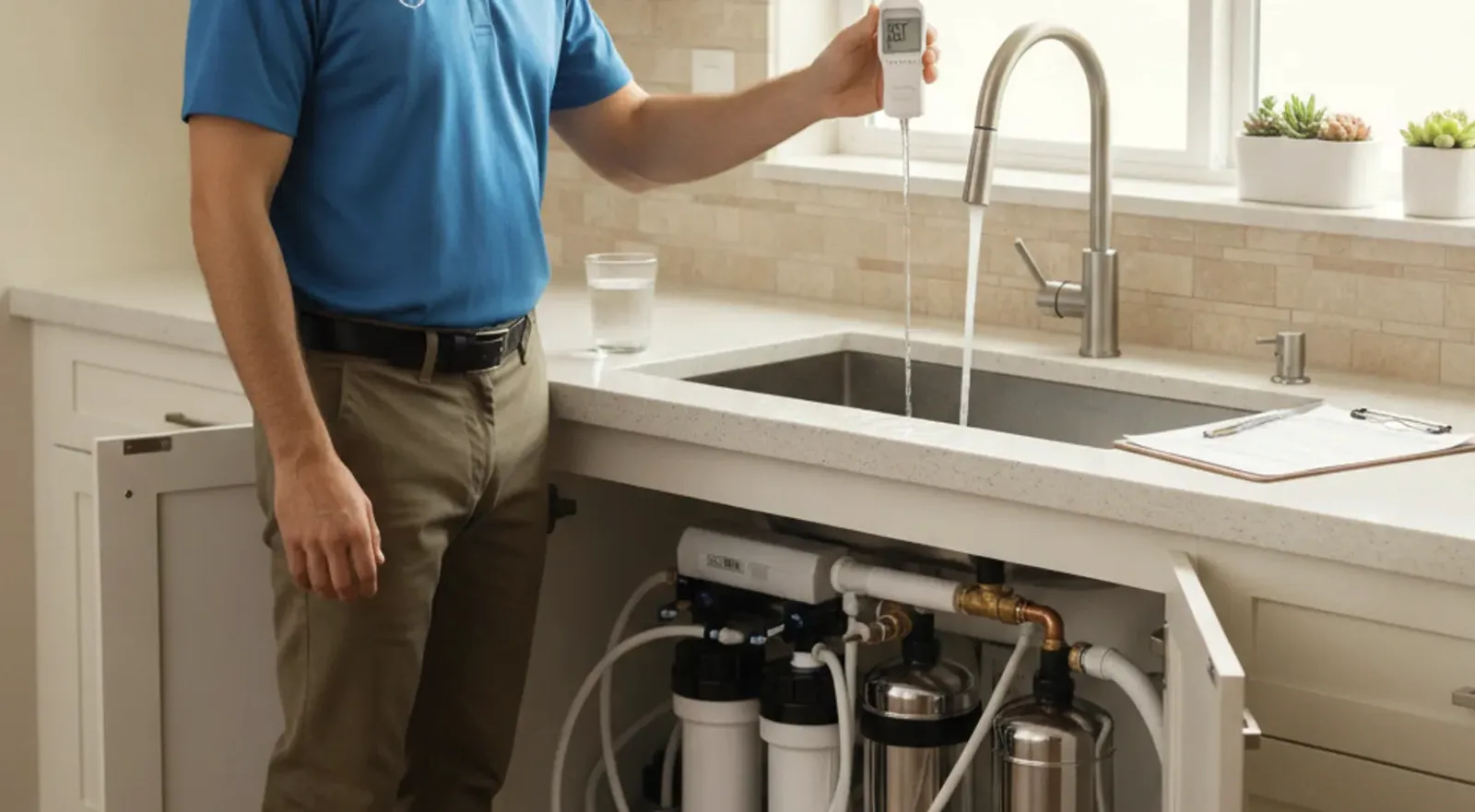 A water testing professional measuring hardness at a kitchen tap with a handheld digital meter