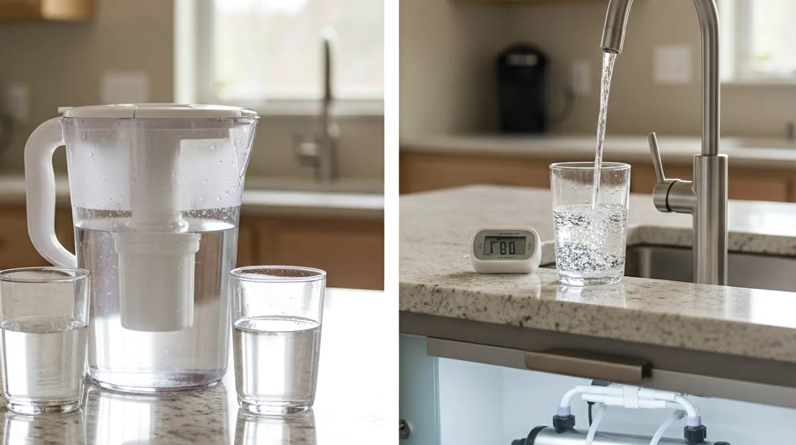 A kitchen faucet dispensing treated water next to a main line filter tank in a garage.