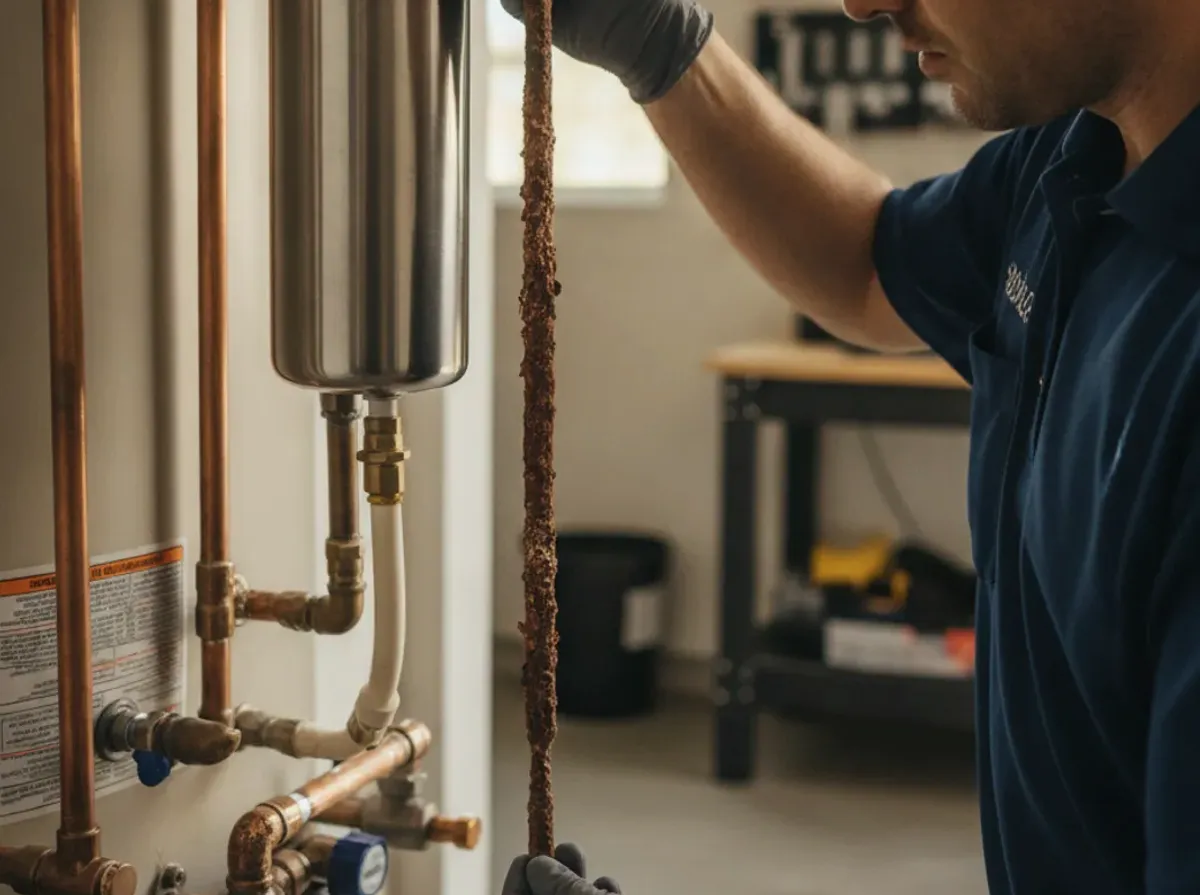 A licensed technician examining a corroded anode rod next to a sediment filter housing in a San Diego garage