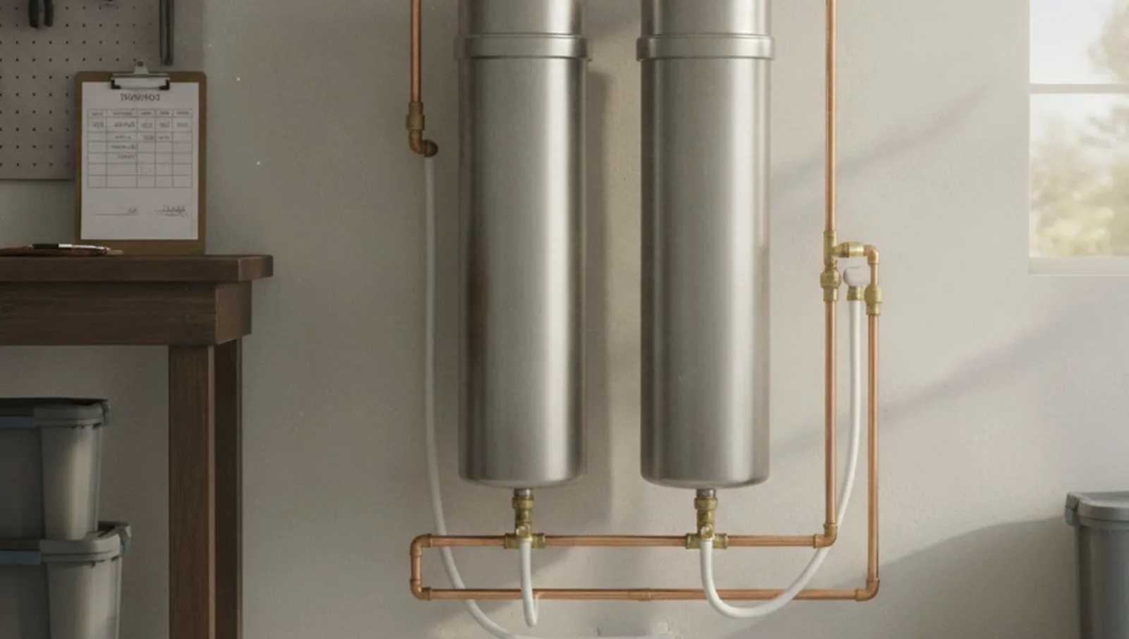 A water softener unit installed near a water heater in a San Diego home's utility area