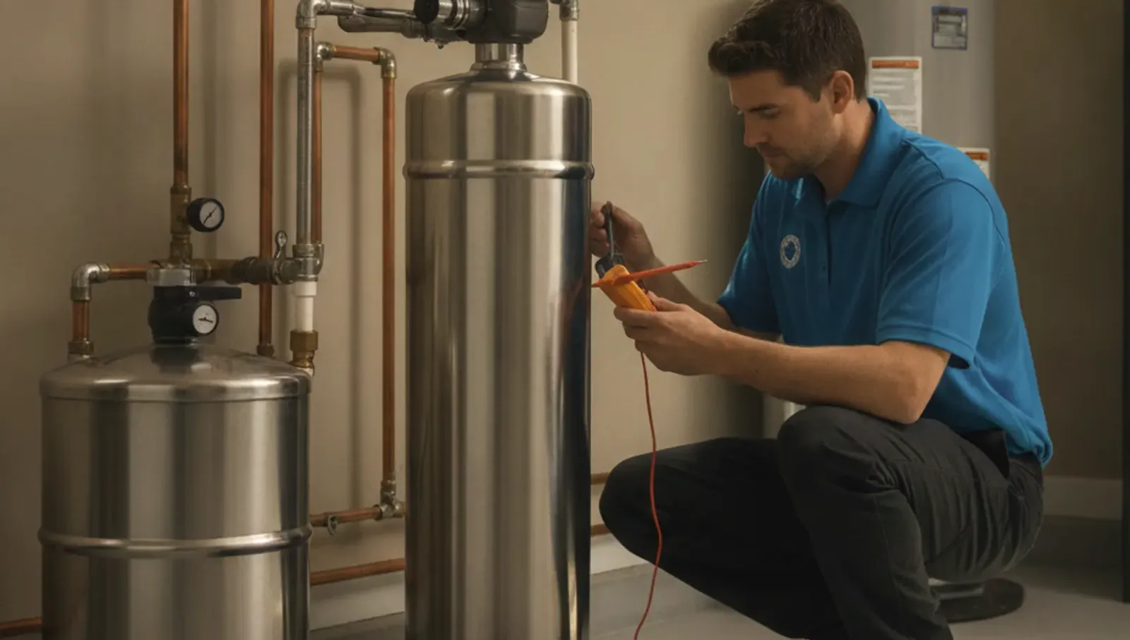 A homeowner inspects the salt level inside a water softener brine tank in a garage.