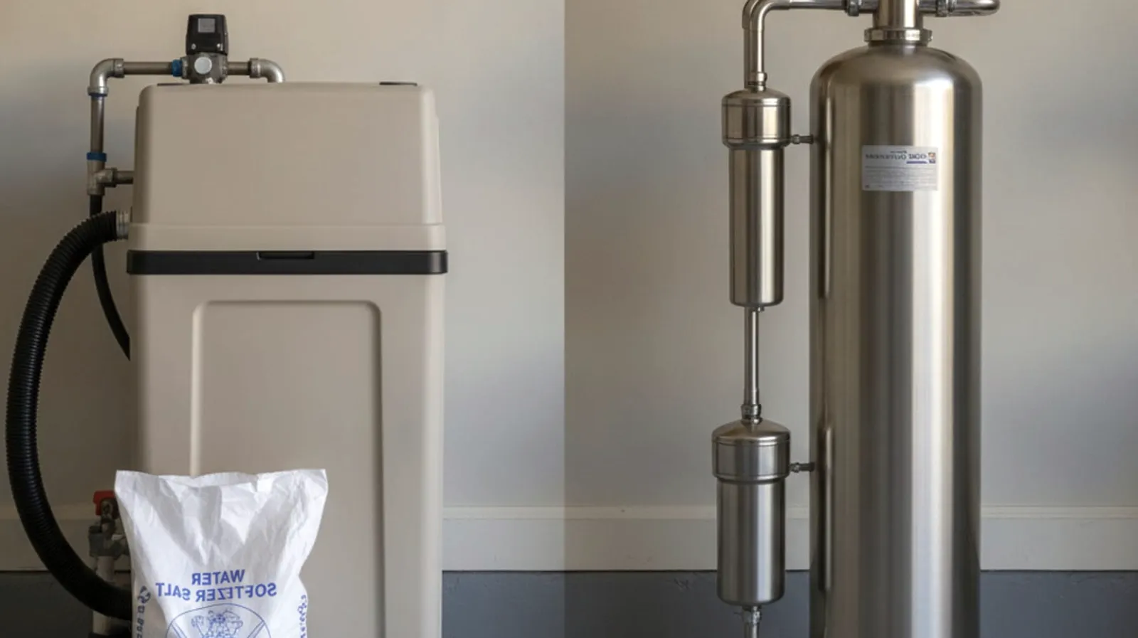 A side-by-side view of a twin-tank and a single-tank water softener installed in a San Diego home garage.