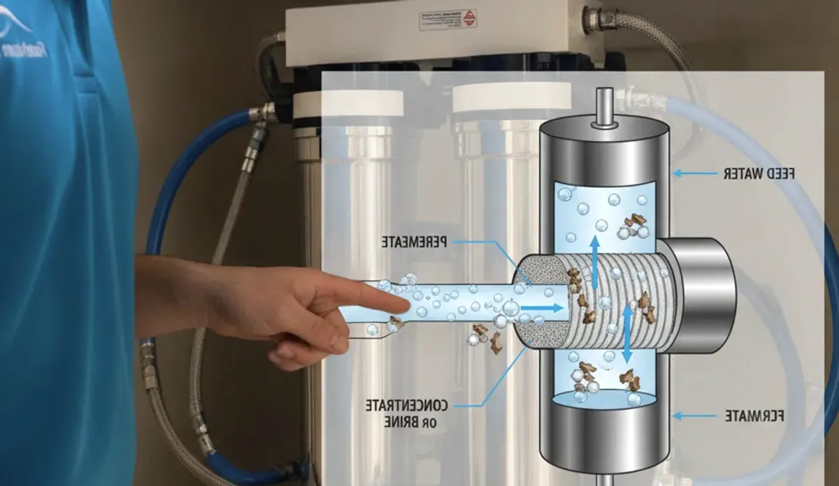 A diagram showing water molecules passing through a semipermeable membrane while dissolved solids are blocked during reverse osmosis.