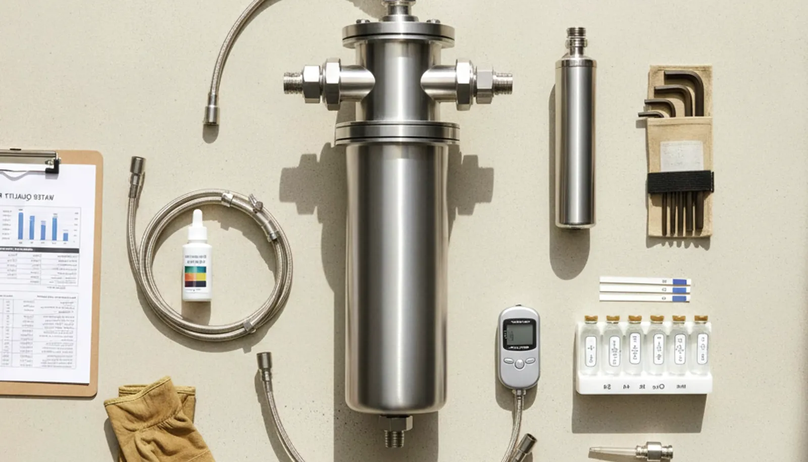 Technician attaching water filtration equipment inside a utility room
