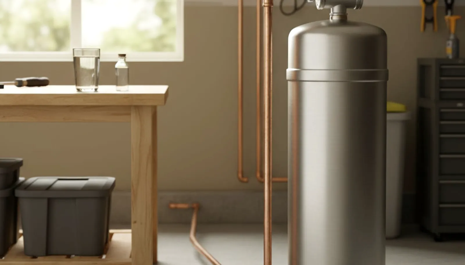 Water streaming from a kitchen faucet in a San Diego home, with a whole-house carbon filtration system mounted on the wall behind the sink