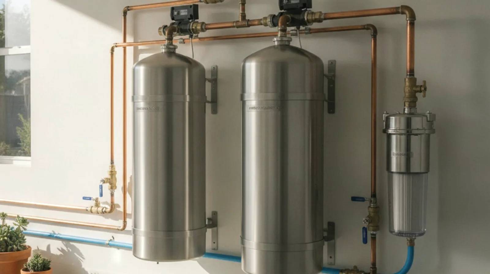Whole-home water filtration setup featuring several stainless steel filter housings mounted on the main supply line inside a San Diego residence's utility space