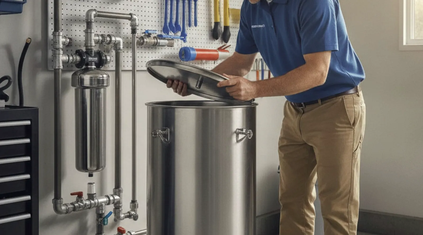San Diego homeowner lifting the lid on a water softener brine tank inside a garage to check the salt level and look for any bridging