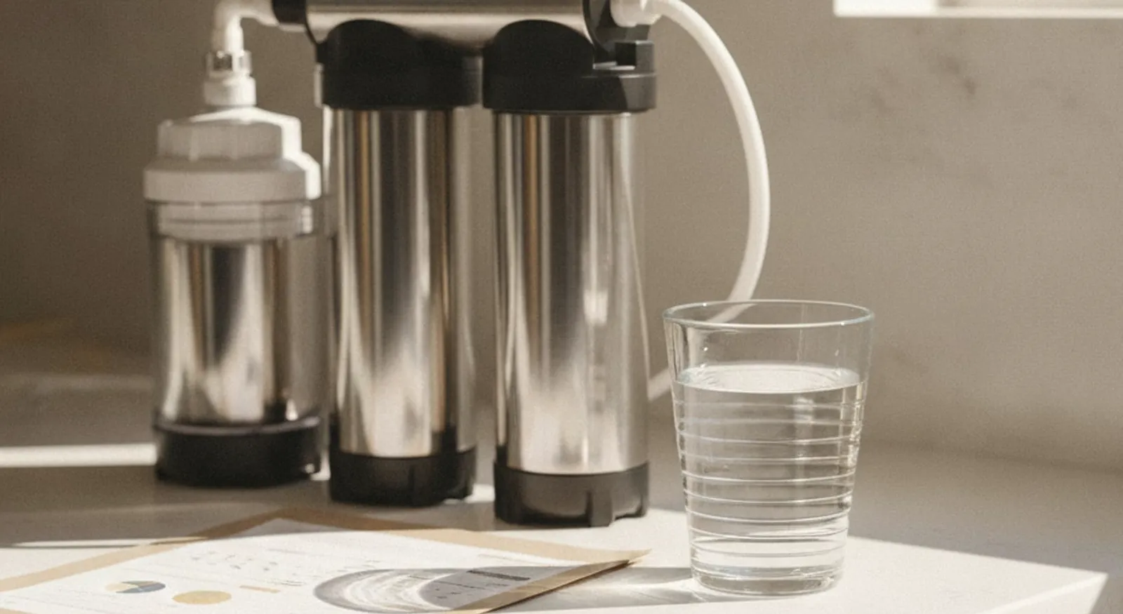 Drinking glass filled with clear water sitting on a kitchen counter in San Diego, with a reverse osmosis unit installed underneath the sink visible below