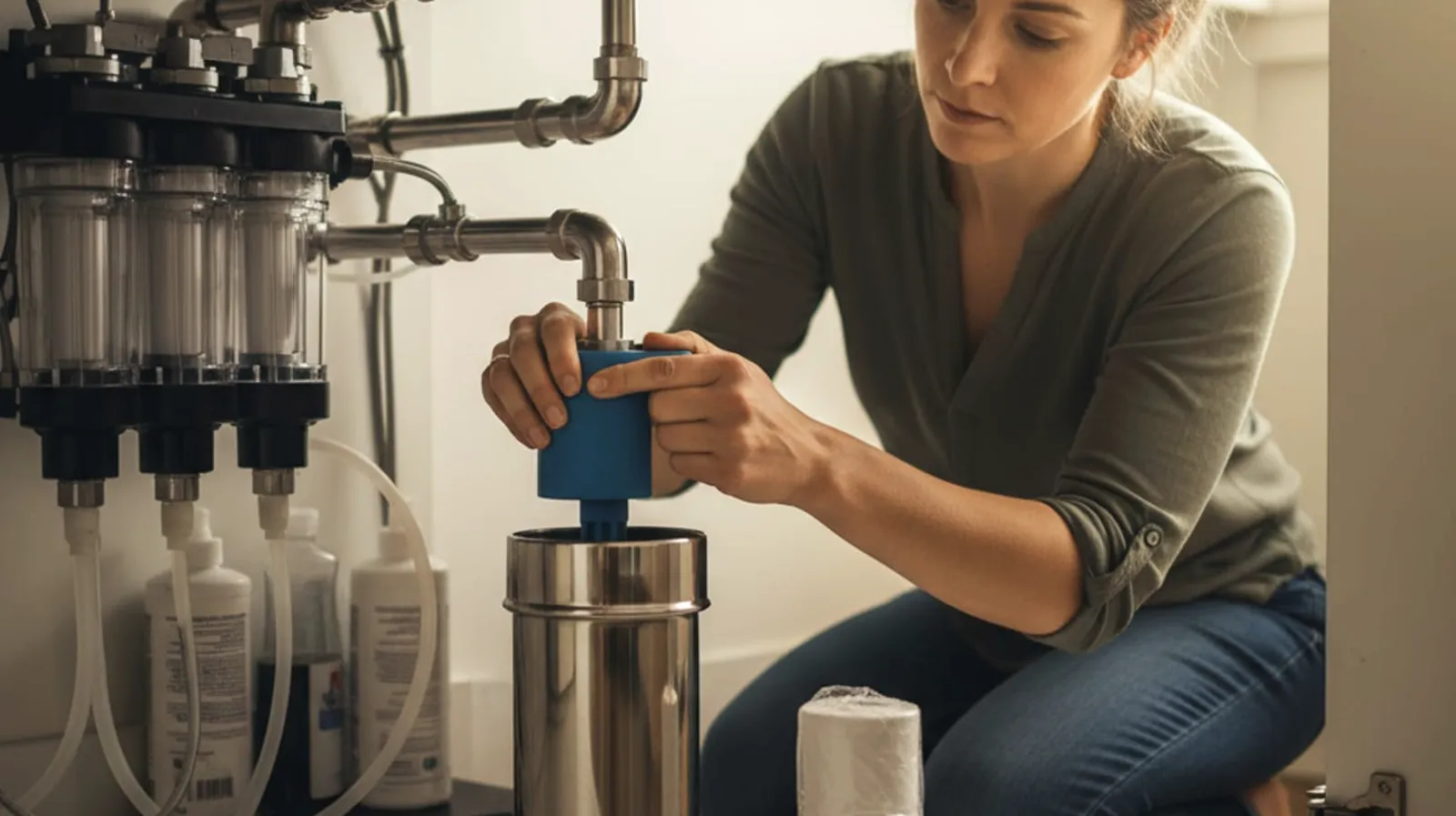Under-sink filter housing with a towel positioned below it