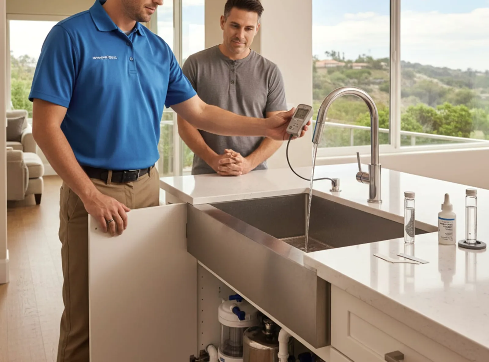 A basic in-home water field test under way at a kitchen tap