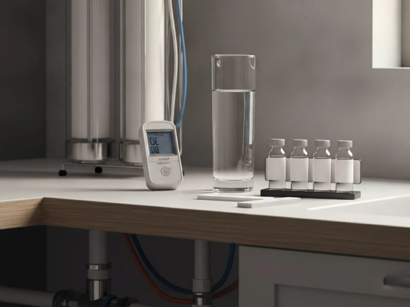 A homeowner filling a glass at an under-sink reverse osmosis faucet in a bright San Diego kitchen.