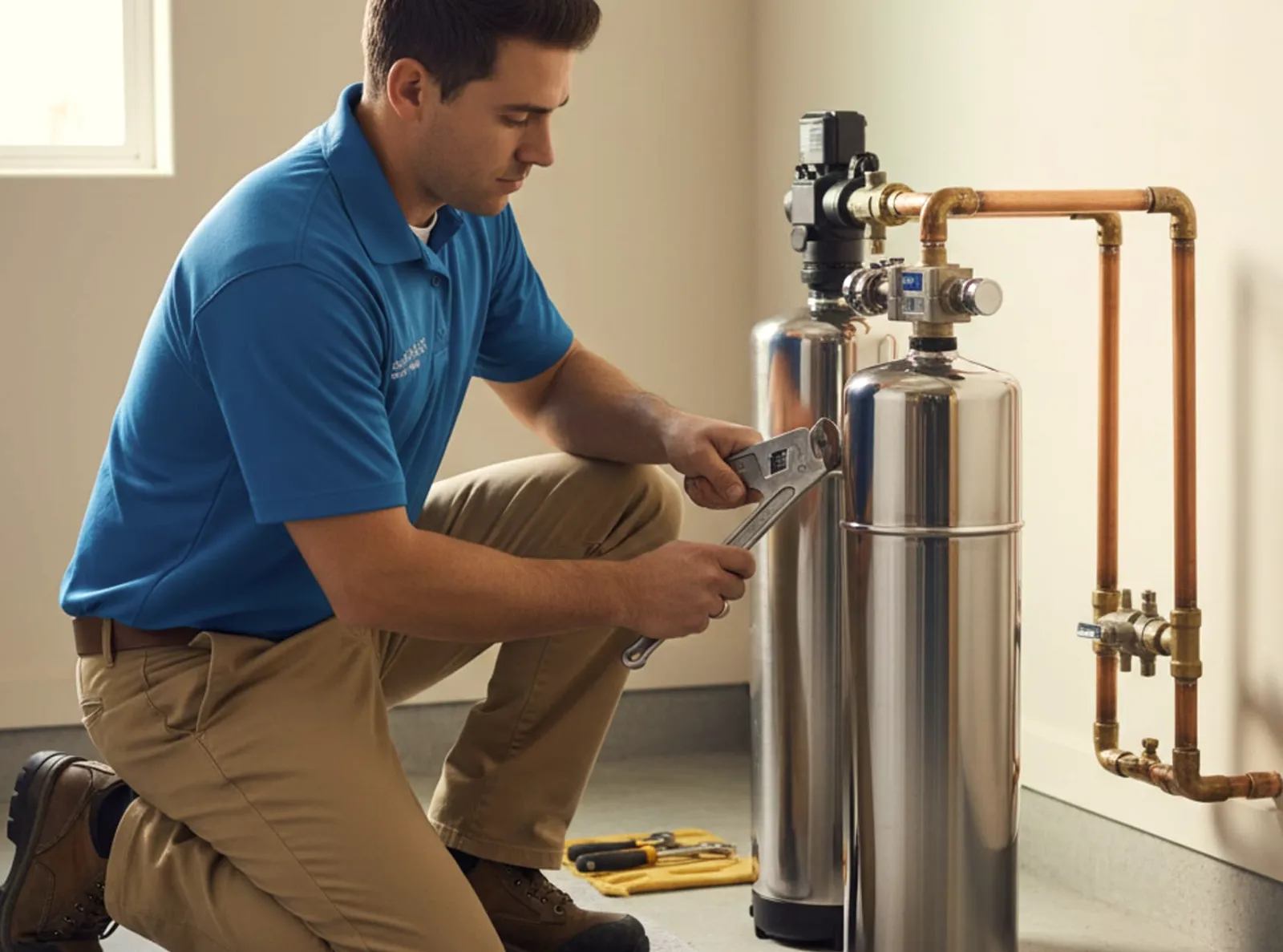 Water-softener unit connected to residential plumbing lines