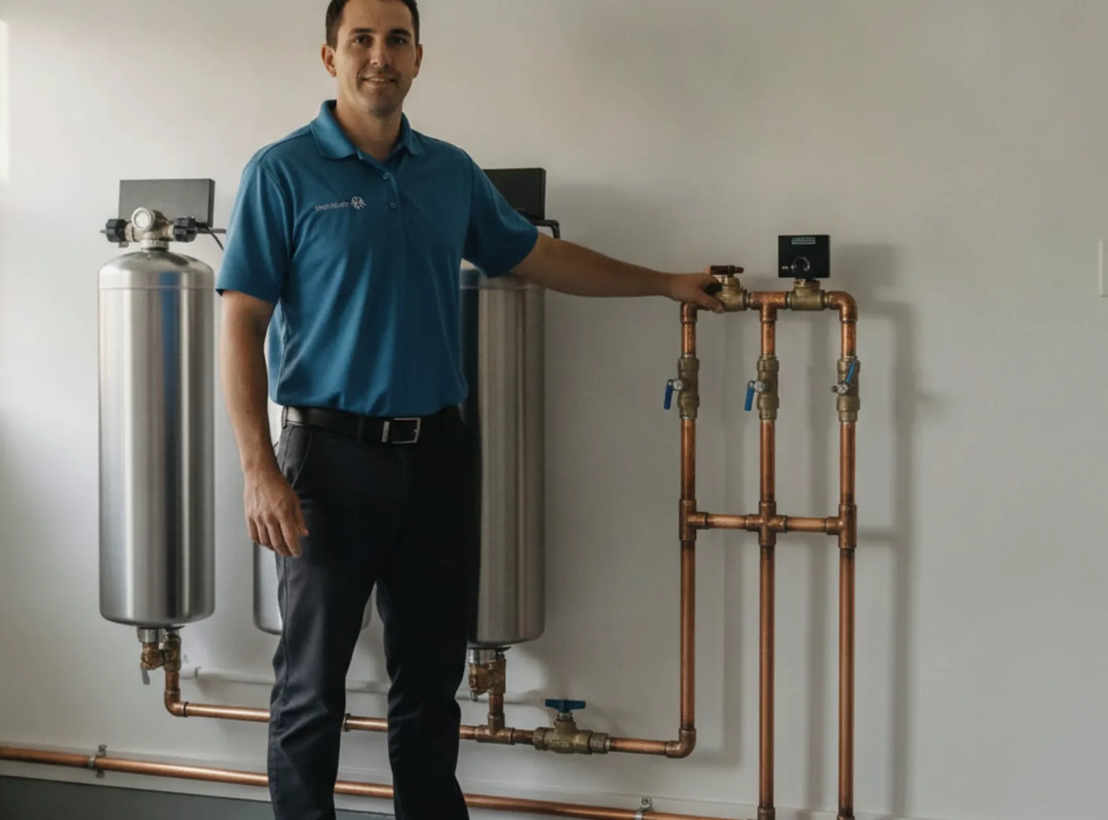 Whole-house filtration gear set up in a residential utility space